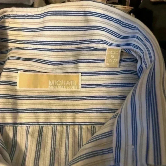 Michael Kors men’s sz 15 neck, sleeves 32/33, white w blue & grey pin stripes - Picture 2 of 5